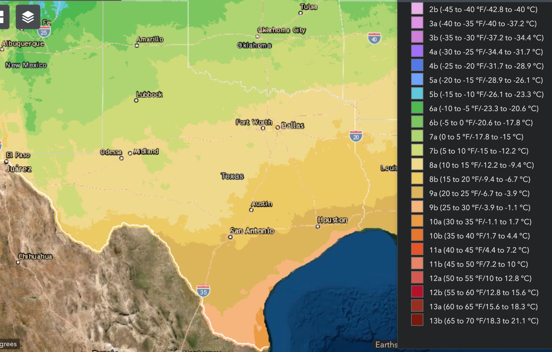 Texas Climate USDA Hardiness Map
