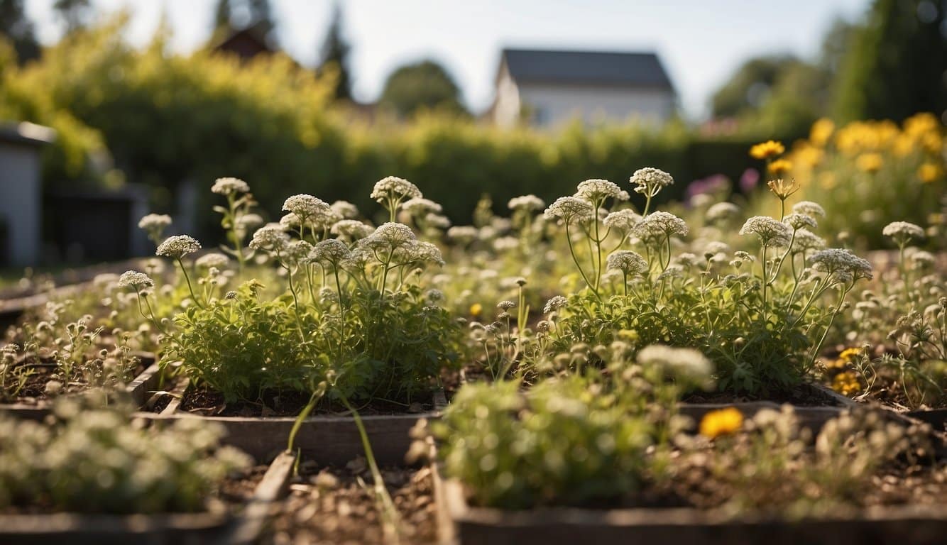 A garden with two separate sections, one treated with Killzall and the other with Roundup. Weeds are visibly dying in the Roundup section, while the Killzall section still has thriving weeds