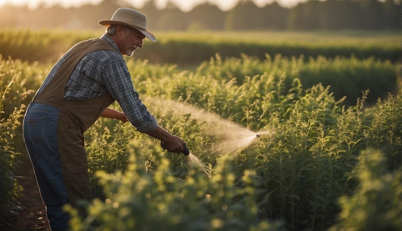A farmer sprays RM43 on weeds while avoiding areas treated with Roundup