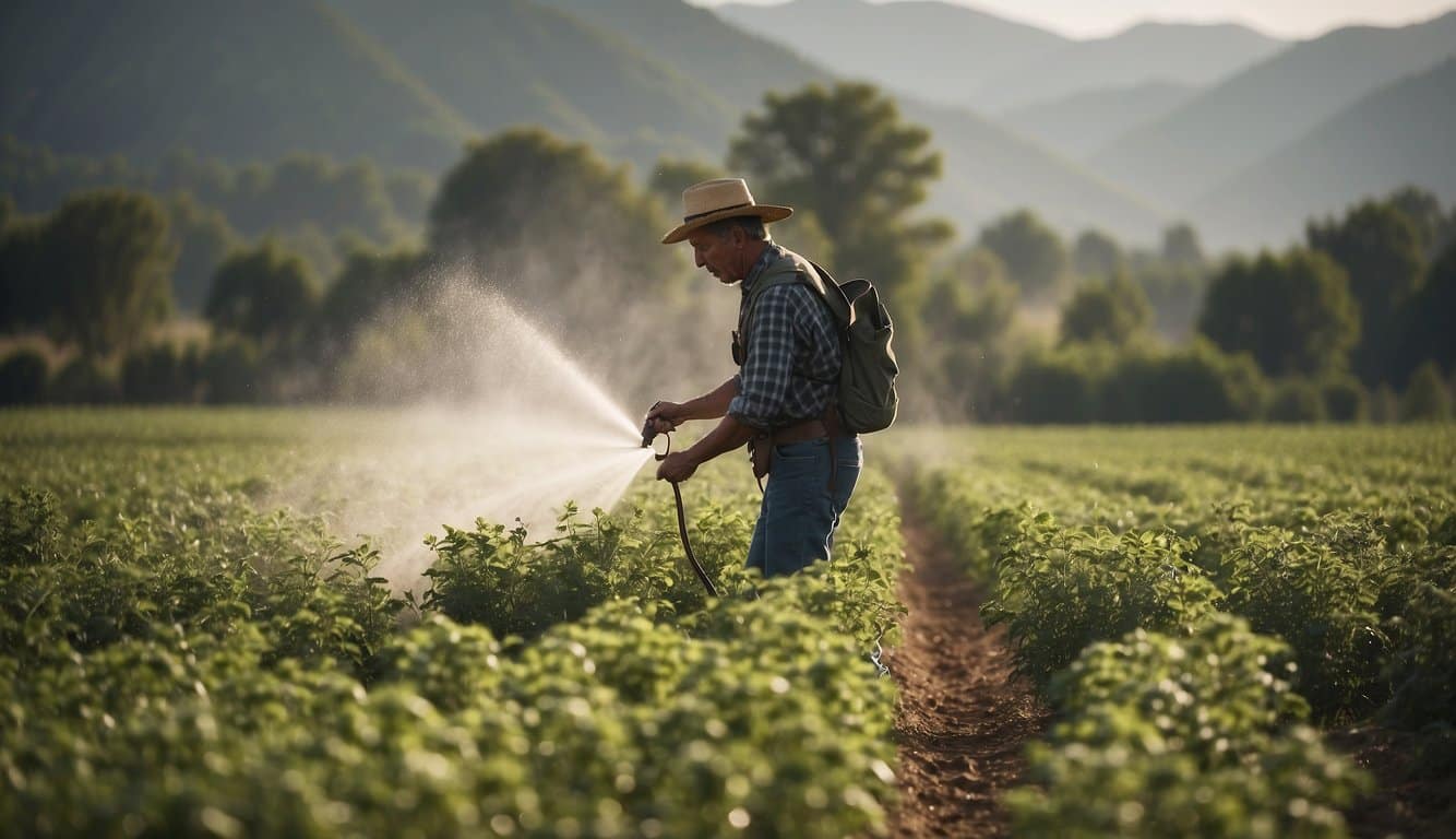 A farmer spraying RM43 on weeds while another farmer sprays Roundup in a separate area