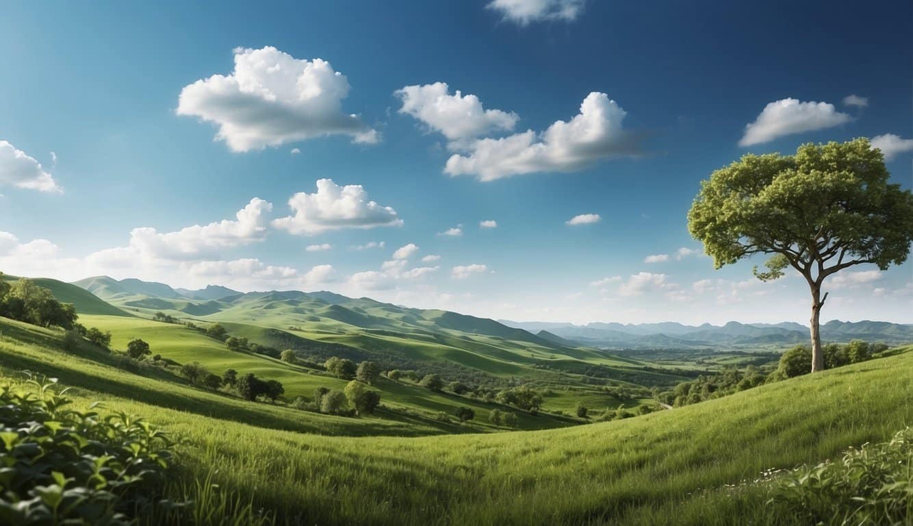 The illustration depicts a lush green landscape with a clear blue sky. On one side, a healthy ecosystem thrives under RM43, while on the other side, a barren landscape shows the impact of Roundup