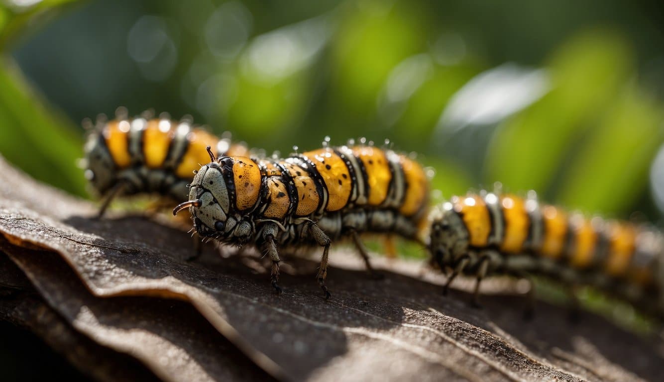 Vinegar sprayed on caterpillars. Dead insects on wilted leaves