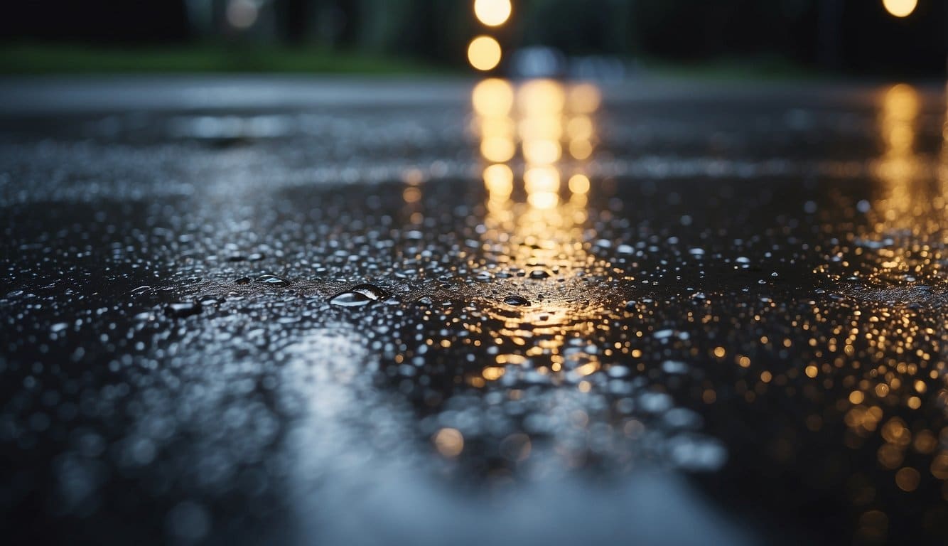 Freshly sealed driveway glistens in the rain, 12 hours post-sealing