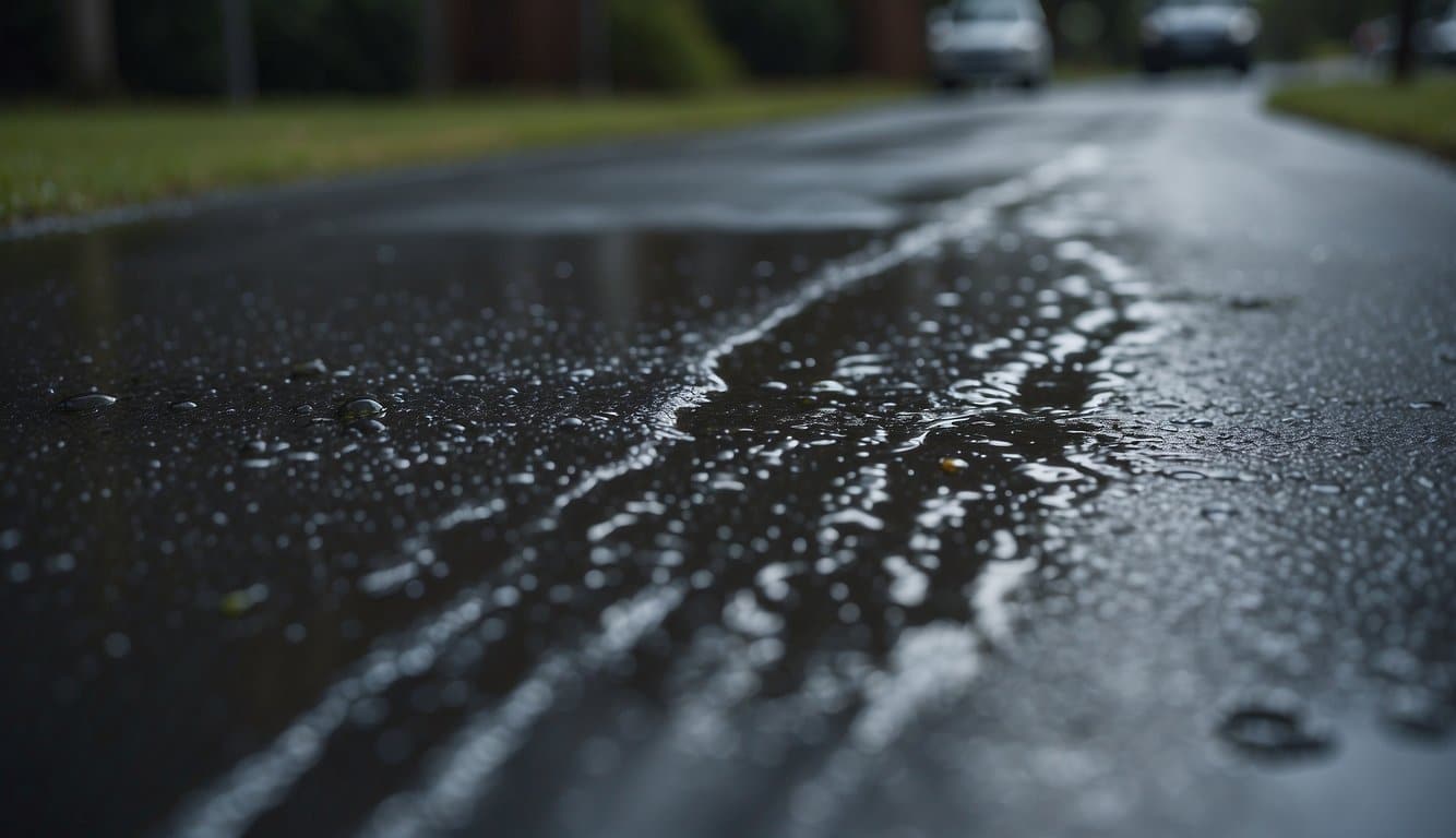 Rain pours down on a freshly sealed driveway, creating puddles and streaks as the water interacts with the newly applied surface