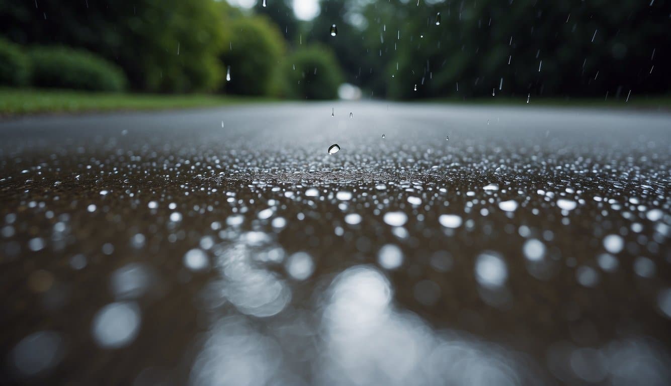 Rain pours down on a freshly sealed driveway, creating a glossy, wet surface. Water beads up and runs off, leaving the driveway protected and ready for use