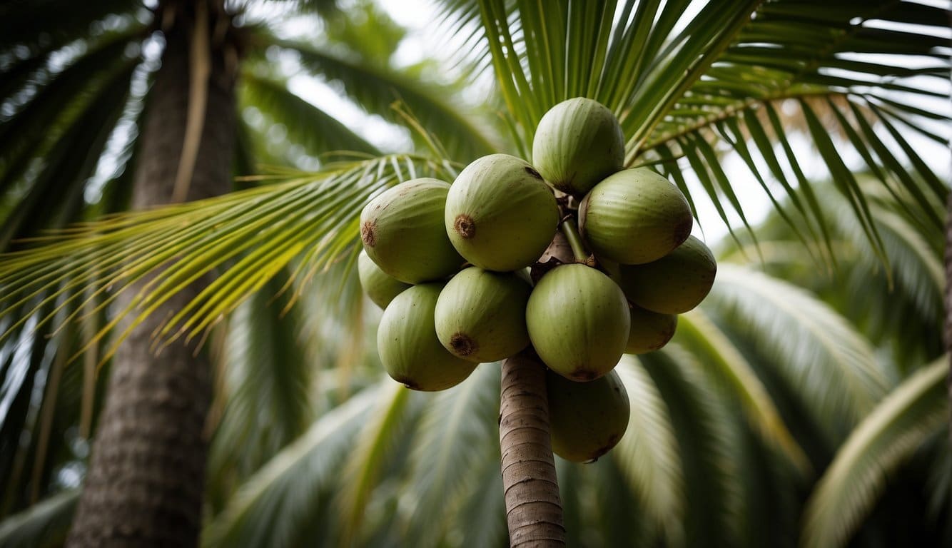Coconut tree: tall, slender trunk, large green fronds, clusters of coconuts. Palm tree: thick, rough trunk, fan-shaped leaves, small coconuts