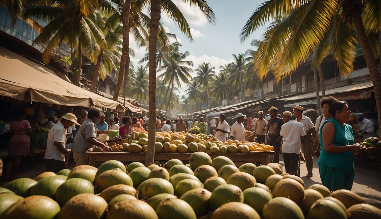 A bustling market with coconut and palm trees symbolizing cultural and economic significance. Locals gather around, trading goods under the shade