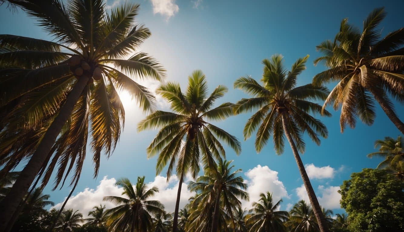A coconut tree and a palm tree stand side by side, their long, slender trunks reaching towards the sky. Coconuts hang from the branches of the coconut tree, while the palm tree's fronds sway gently in the breeze