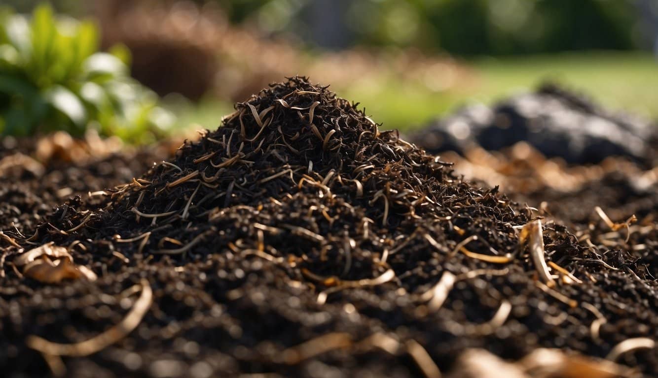 A pile of dark, rich mulch mixed with manure sits in a garden bed, emitting a earthy aroma