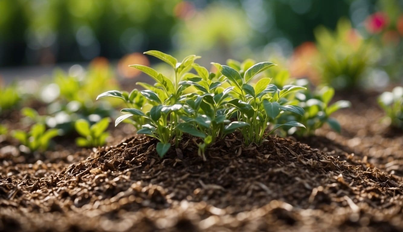 A garden bed with mulch spread evenly, surrounded by healthy plants