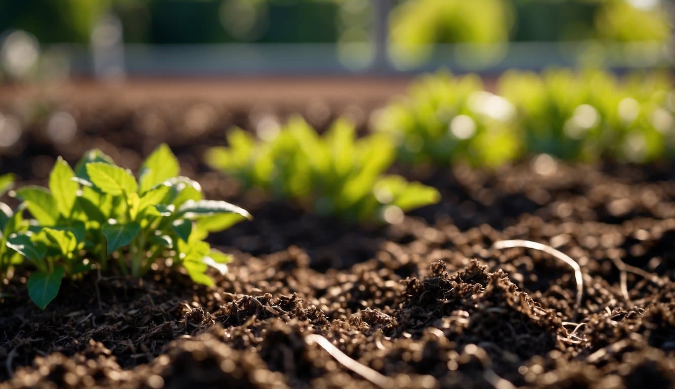 A garden bed with manure-based mulch spread evenly around plants, showing consideration for proper coverage and avoiding direct contact with the plant stems