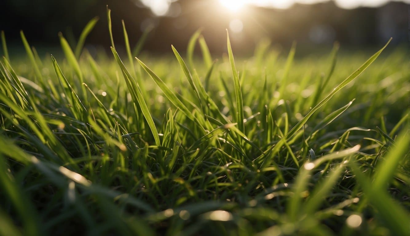 Lush green grass on top, turning brown underneath. Sunlight casting shadows, highlighting the contrast in pigmentation