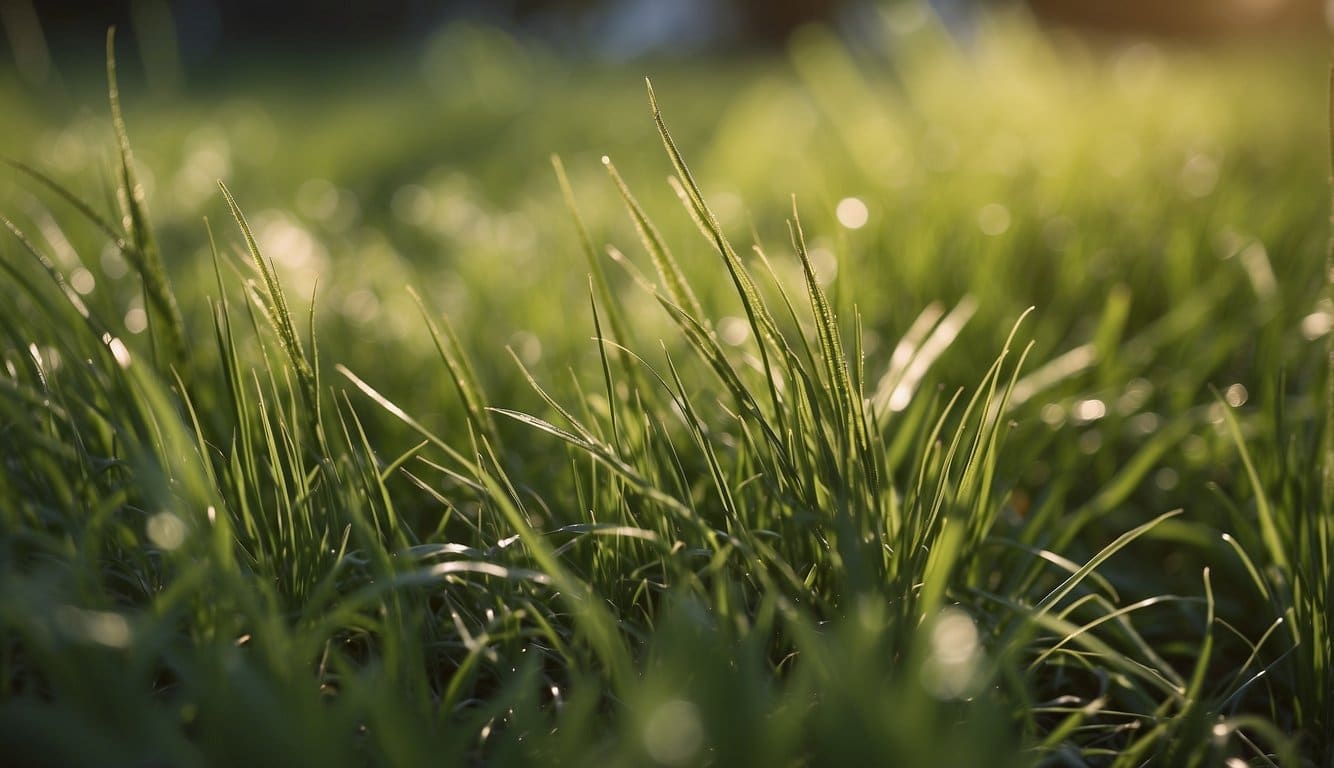 Green grass with brown underside, varying heights and textures. Some blades straight, others curly. Overall, a lush and diverse landscape