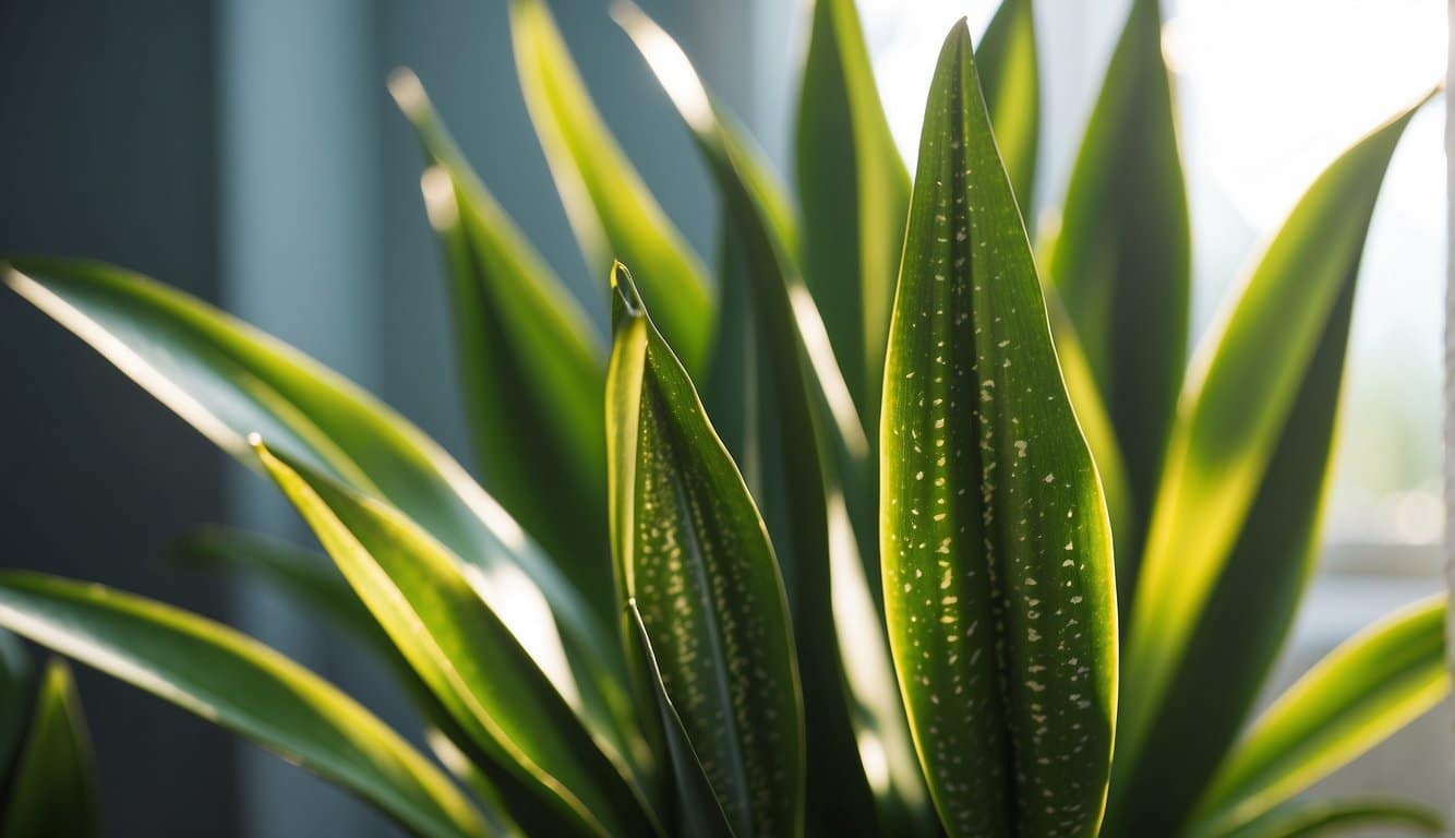 A snake plant leans to one side, its leaves curling towards the light