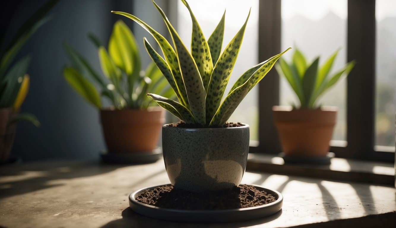 A snake plant bends under the weight of heavy soil, reaching for sunlight in a cramped pot
