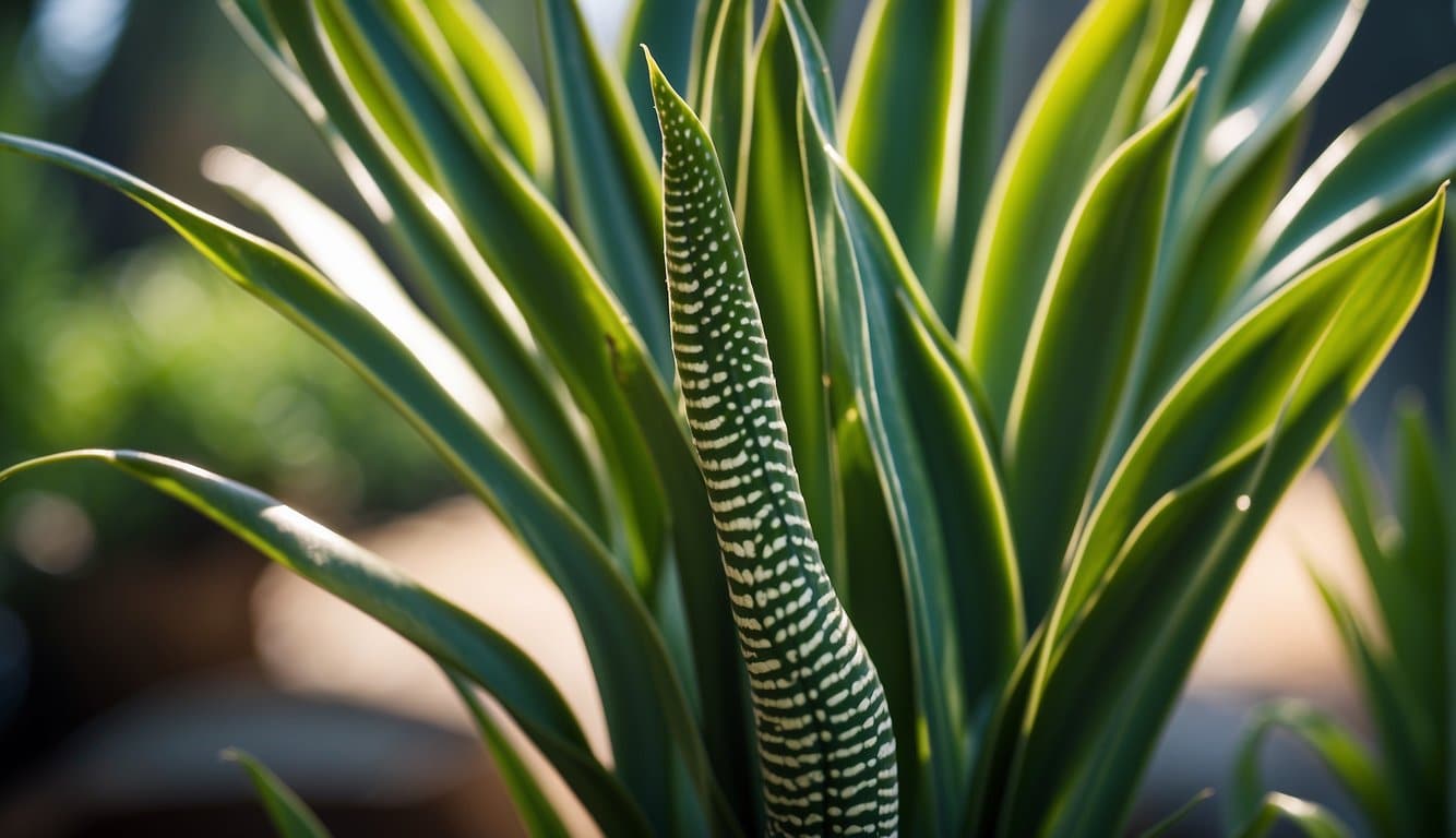 A snake plant bends, needing support to grow straight