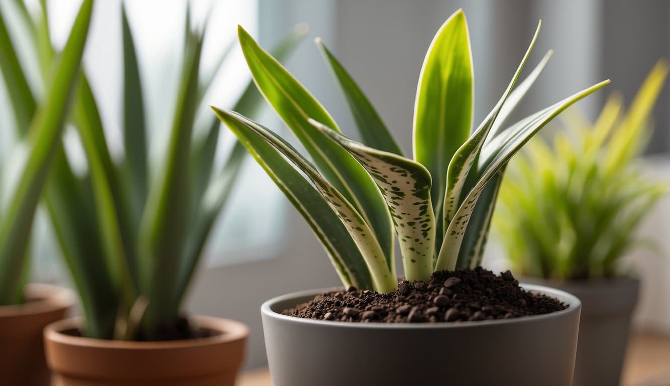 Snake plant leaning in pot, soil compacted. Remove plant, loosen soil, replant vertically. Place in well-draining pot. Water sparingly