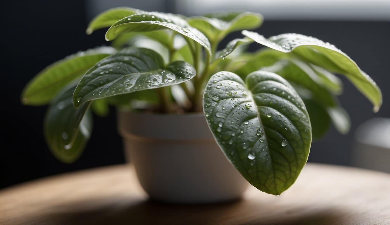 A small peperomia silver ripple plant is being gently watered and pruned, with a soft cloth wiping away dust from its frosty leaves