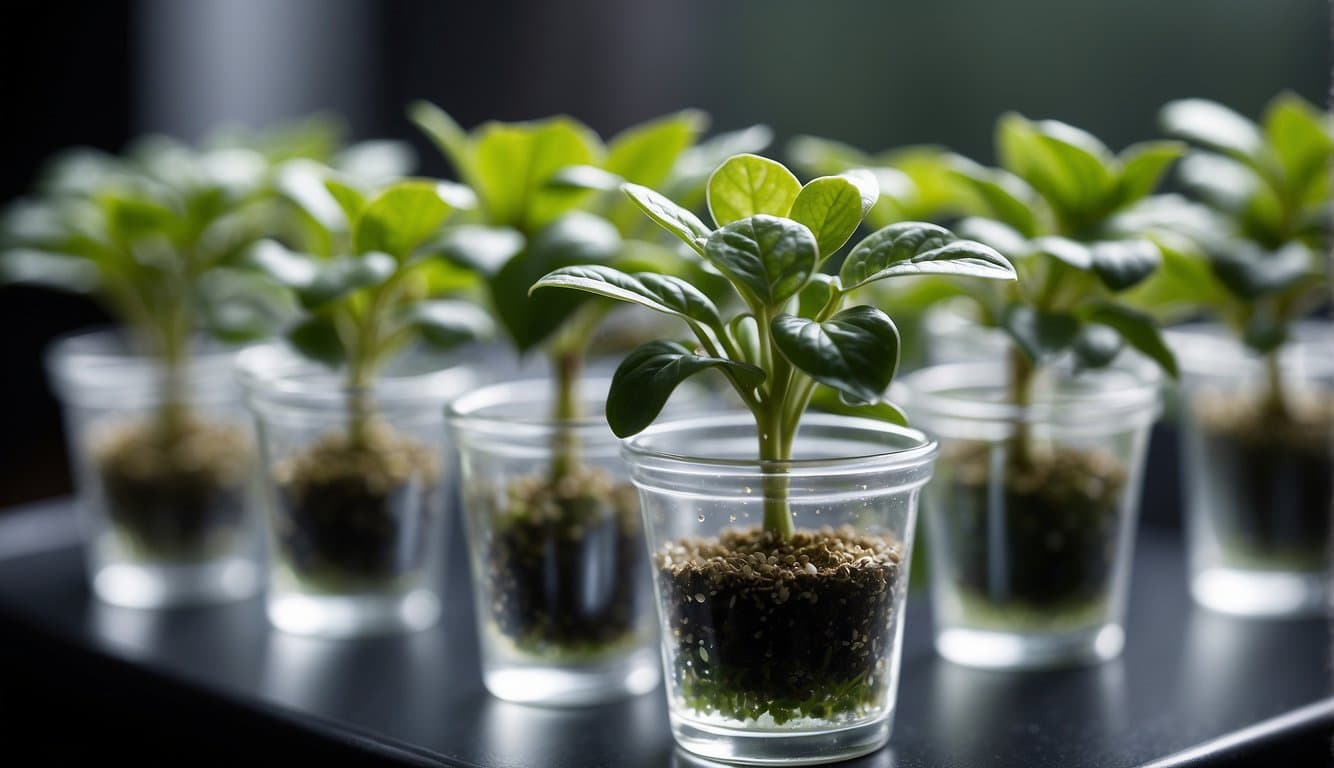 Peperomia silver ripple and frost plants being propagated using stem cuttings in water-filled containers