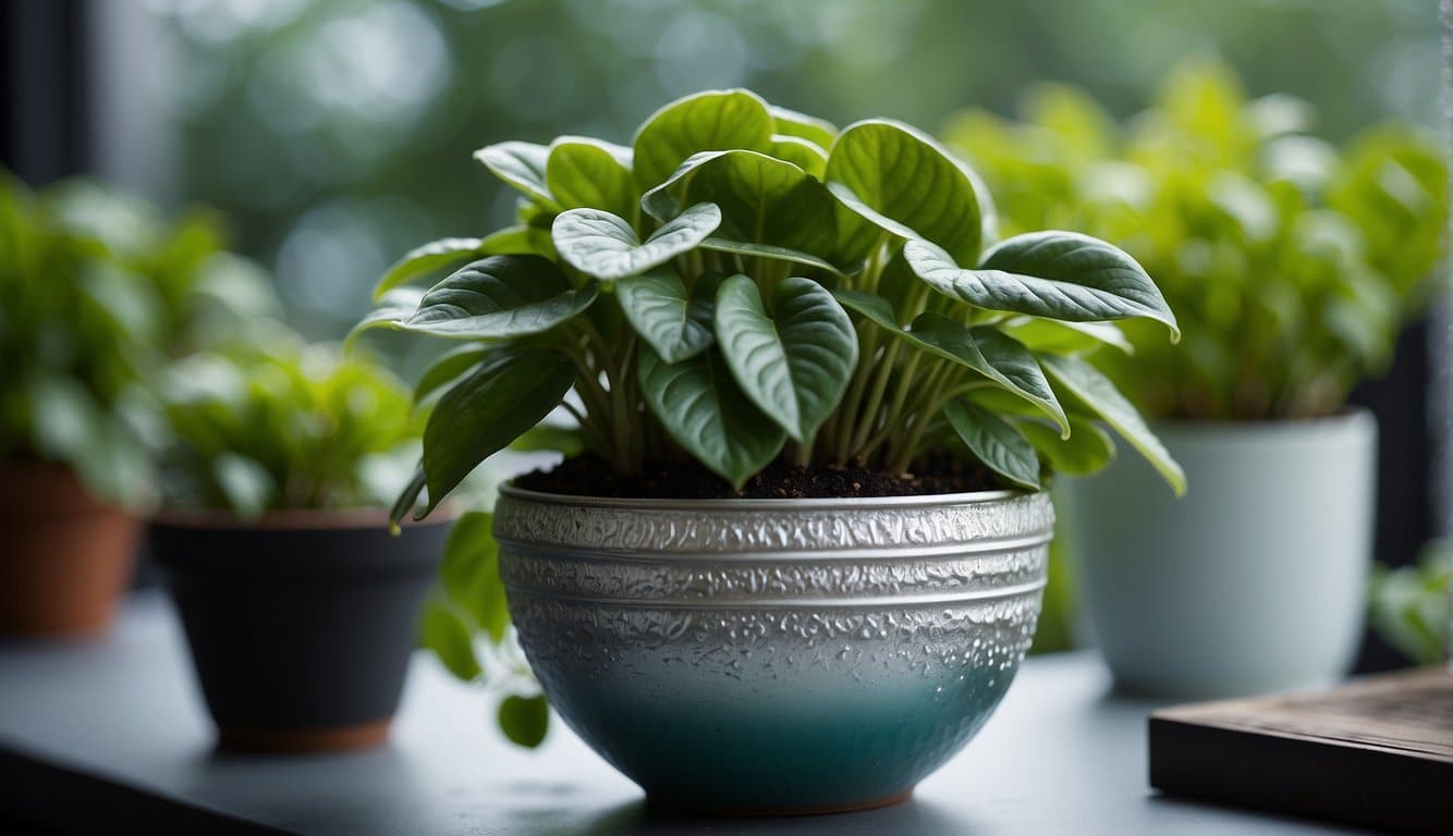 A vibrant peperomia plant with silver and green rippled leaves sits next to a frost-colored variety. Both plants are potted and surrounded by lush greenery