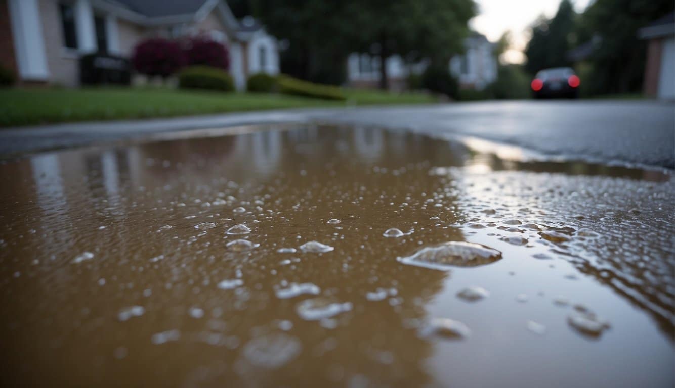 Rain pours down on a freshly sealed driveway, creating a glistening surface and causing water to pool in small puddles