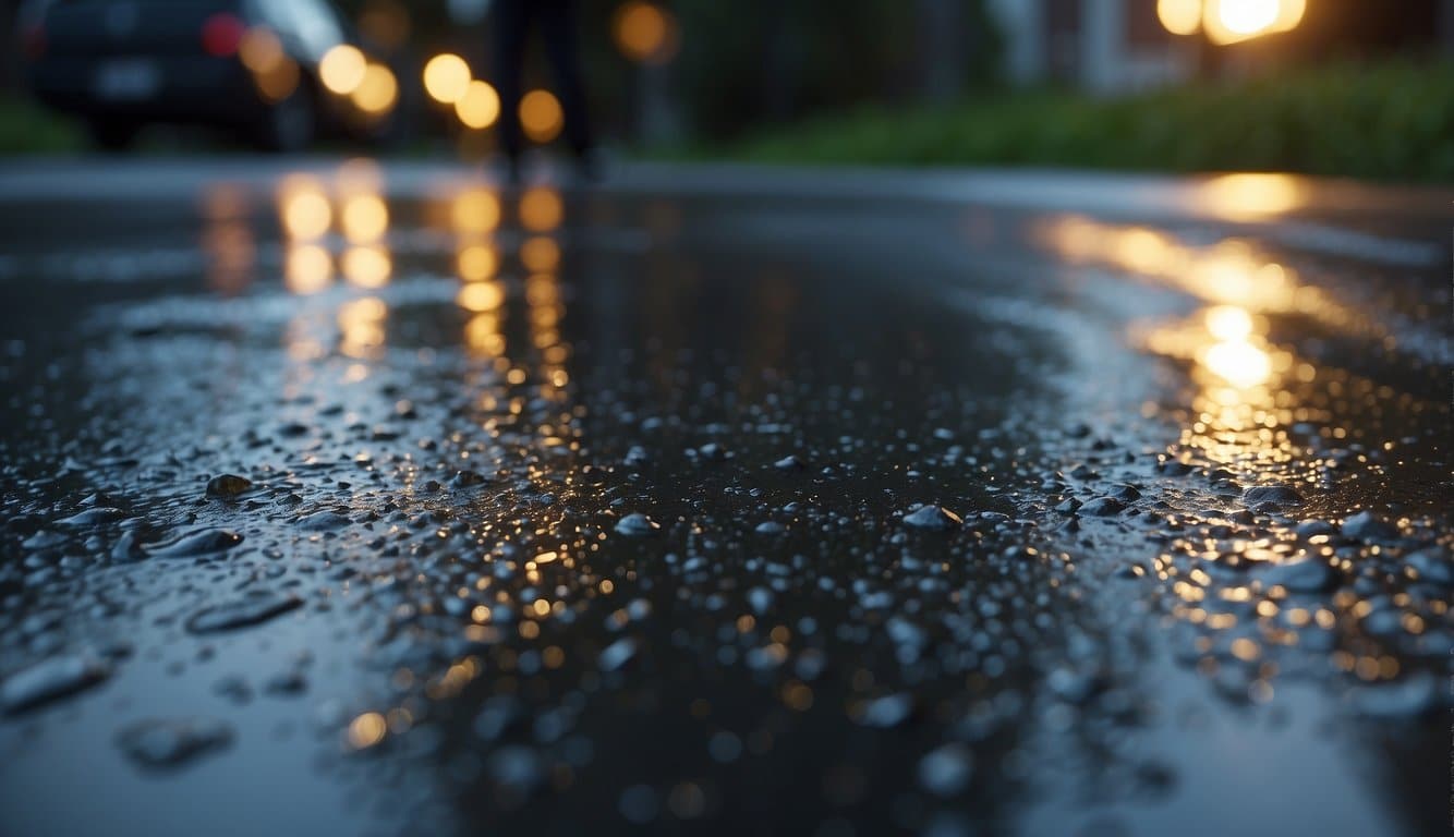 Freshly sealed driveway glistens in the rain 12 hours later. Puddles form, revealing uneven sealing