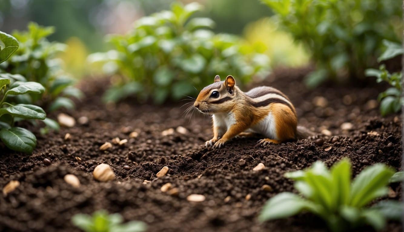 Coffee grounds scattered around a garden bed. Chipmunks avoid the area, looking for food elsewhere