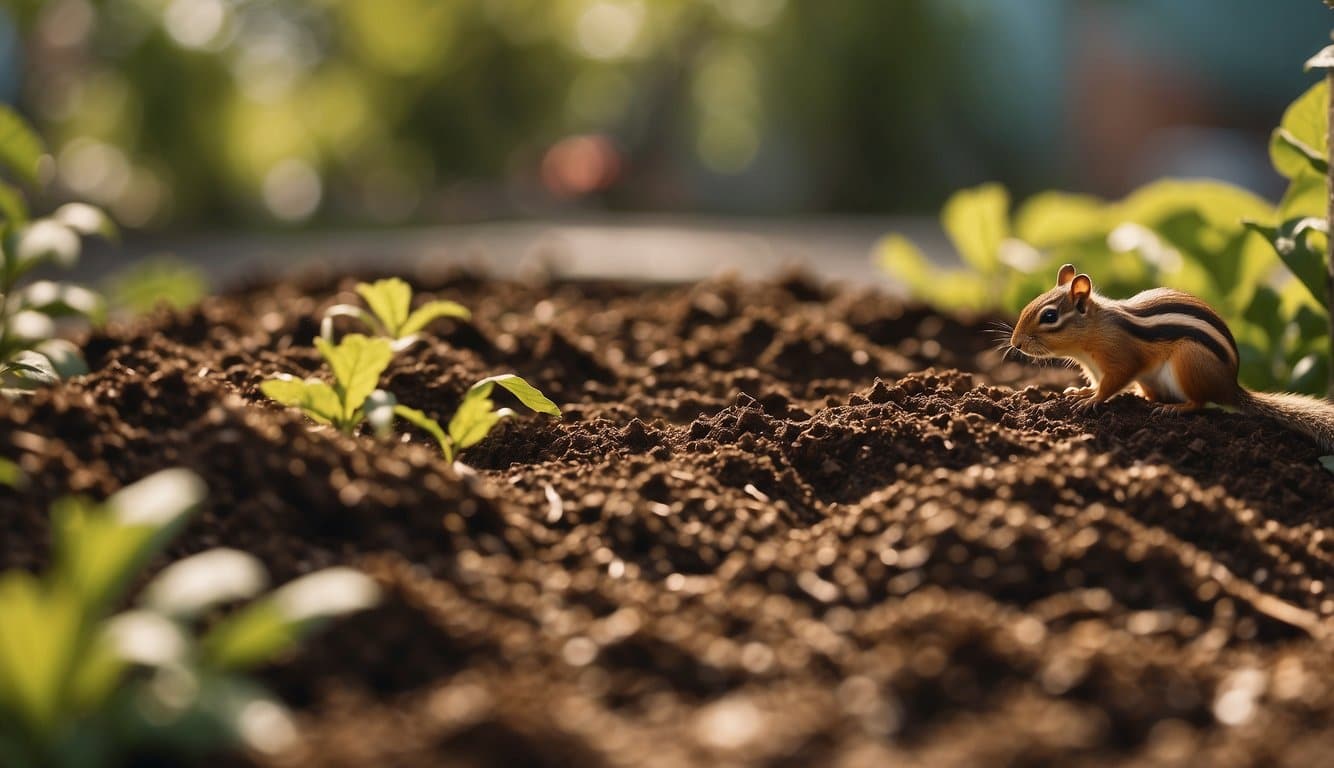 Coffee grounds scattered around garden beds, with chipmunks avoiding the area