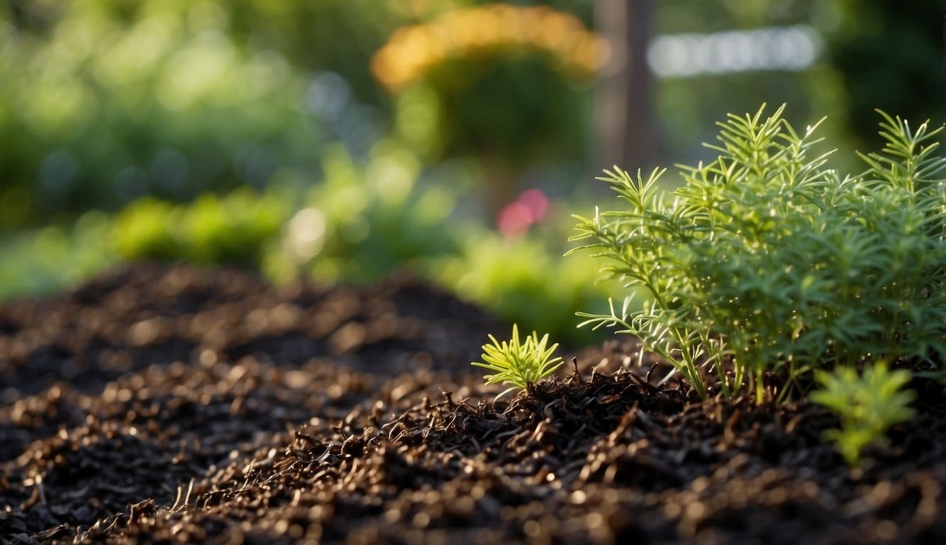 A garden bed covered in dark, rich hemlock mulch. Surrounding plants thriving in the moisture-retaining and weed-suppressing benefits of the mulch