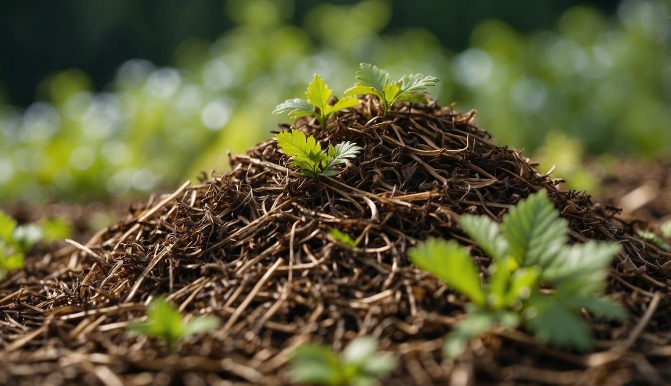 A pile of hemlock mulch with weeds growing through, surrounded by wilting plants and evidence of mold and mildew