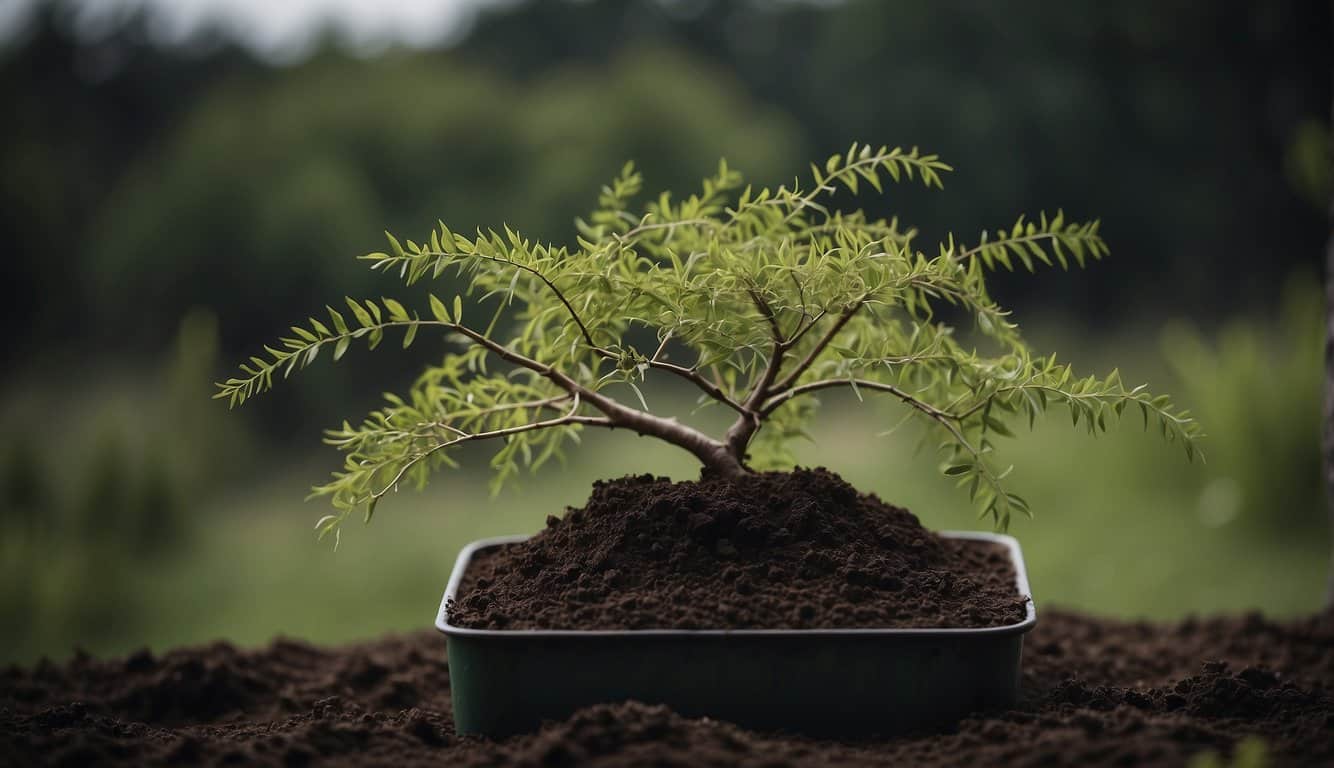 A container with a young curly willow, its slender branches reaching out, surrounded by rich, dark soil