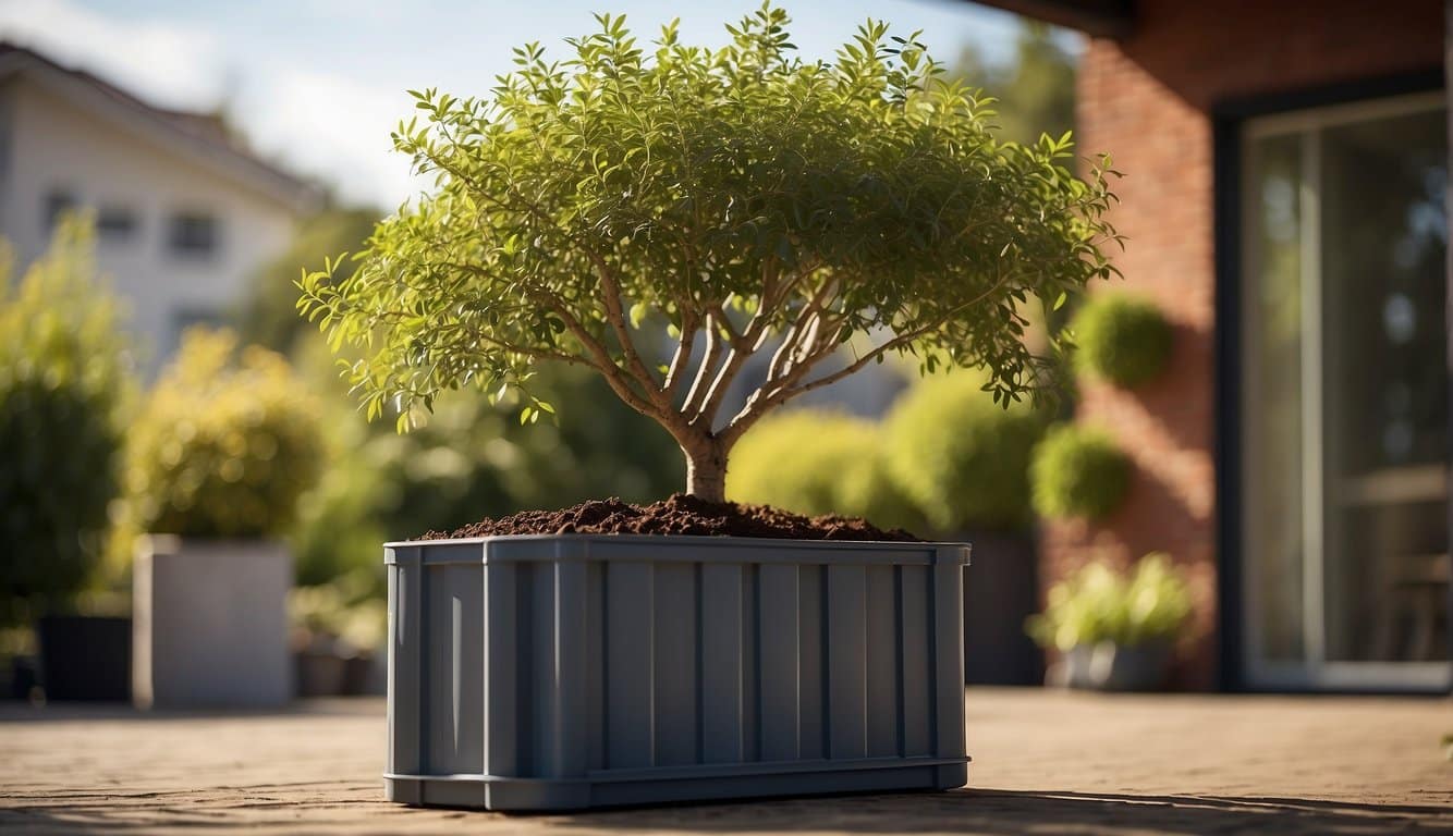 A large, sturdy container sits on a sunny patio, filled with rich soil and a young curly willow tree reaching towards the sky