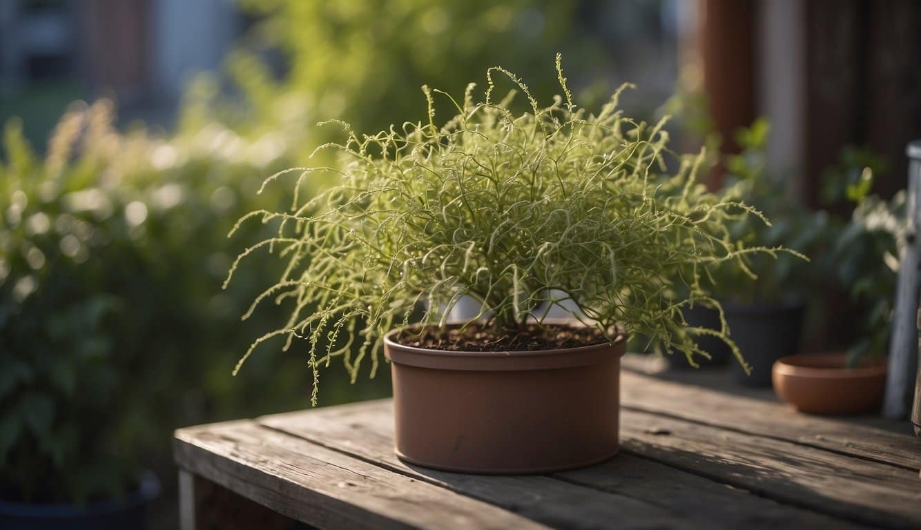 Curly willow in a container with pest and disease management tools nearby