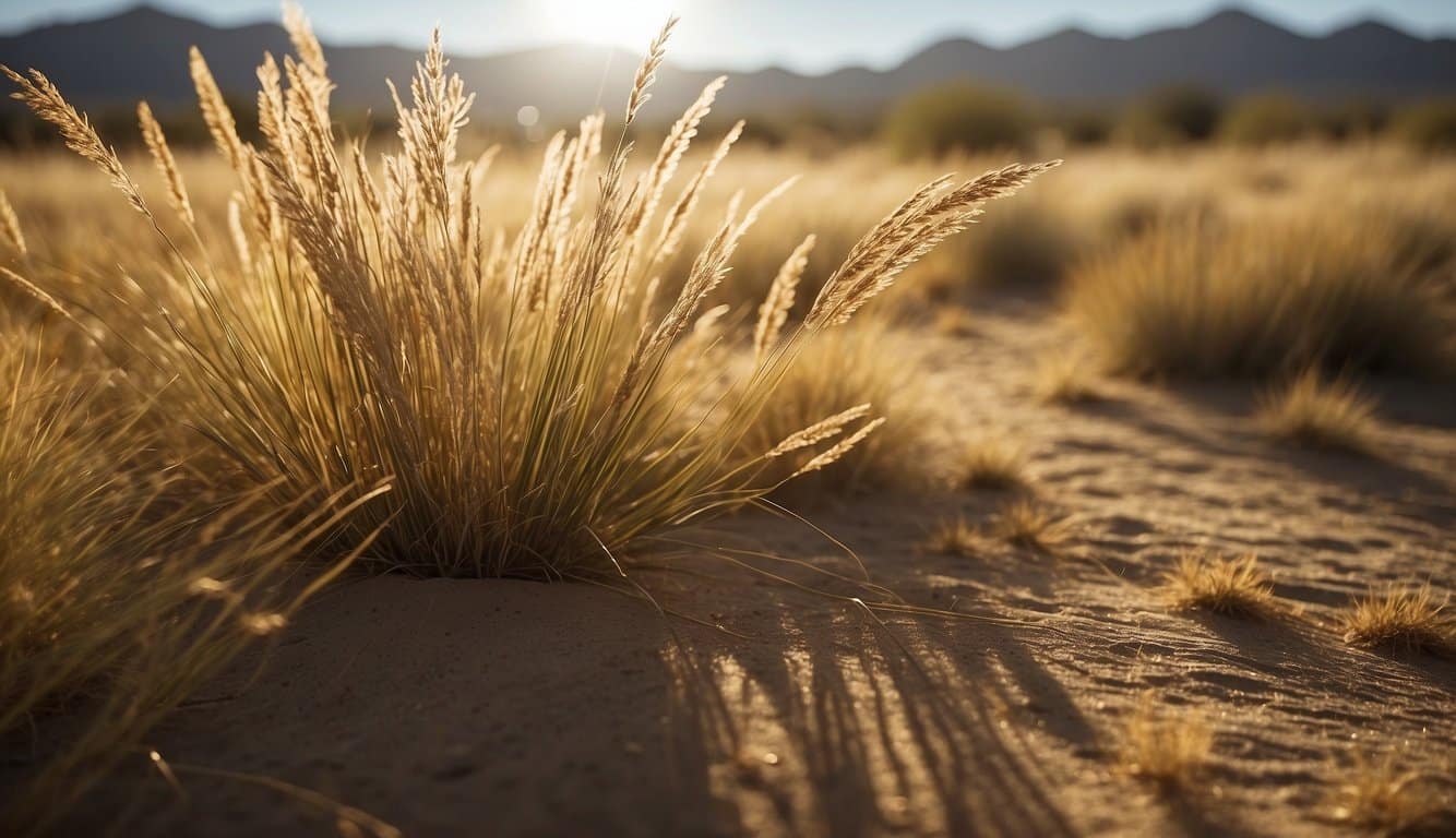 Tall, golden grasses sway in the New Mexico breeze, casting long shadows against the arid landscape