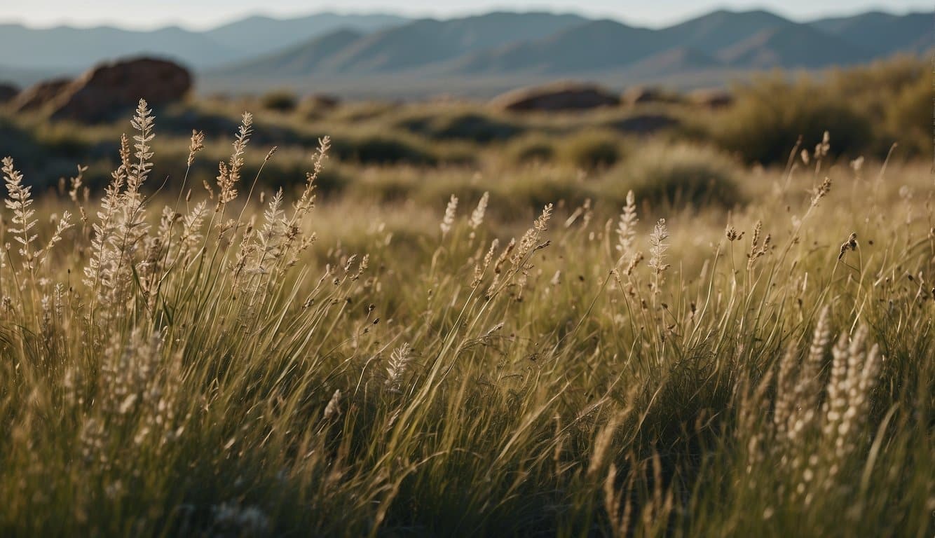 The New Mexico grasslands showcase a variety of grass species, including blue grama, buffalo grass, and sideoats grama. The landscape features rolling hills and open plains, with patches of dense grasses and scattered wildflowers