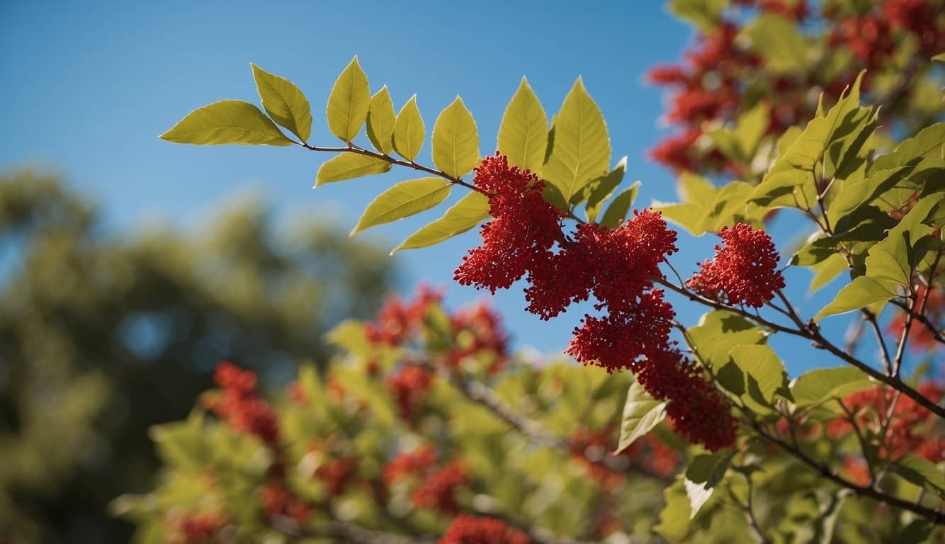 A vibrant Colorado sumac tree stands against a clear blue sky, its branches adorned with clusters of vibrant red and green leaves