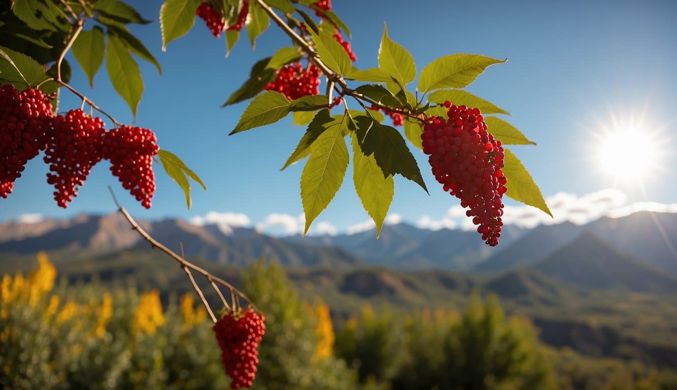 A vibrant Colorado sumac tree stands tall against a backdrop of rocky mountains, its deep green leaves and clusters of red berries catching the sunlight