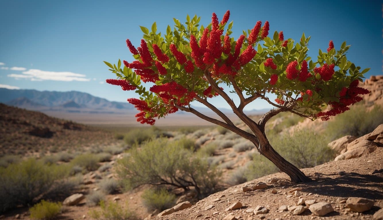 A Colorado sumac tree stands tall in a dry, rocky habitat, with its vibrant green leaves and red berries contrasting against the arid landscape
