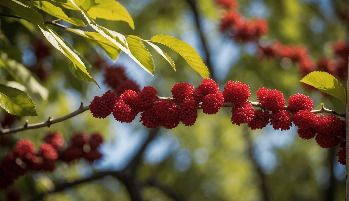 A Colorado sumac tree grows tall with vibrant red leaves, its branches reaching out in all directions. The trunk is sturdy and textured, with clusters of small, round berries hanging from the branches