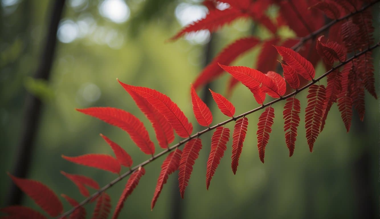 The Colorado sumac tree stands tall in a lush forest, providing habitat for diverse wildlife. Its vibrant red leaves contrast against the greenery, symbolizing the ecological impact and conservation efforts in the area