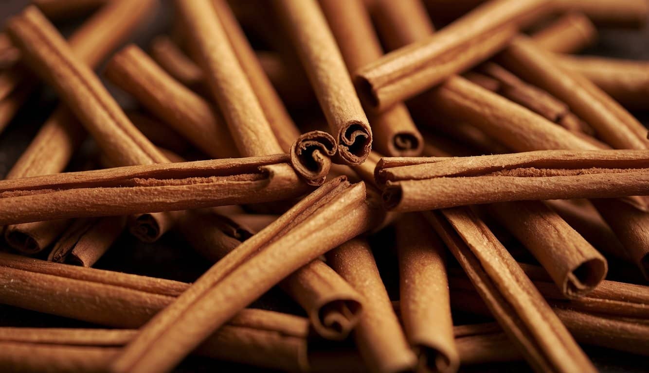 Cinnamon sticks arranged in a circular pattern, with one stick slightly overlapping another. A question mark hovers above, indicating uncertainty