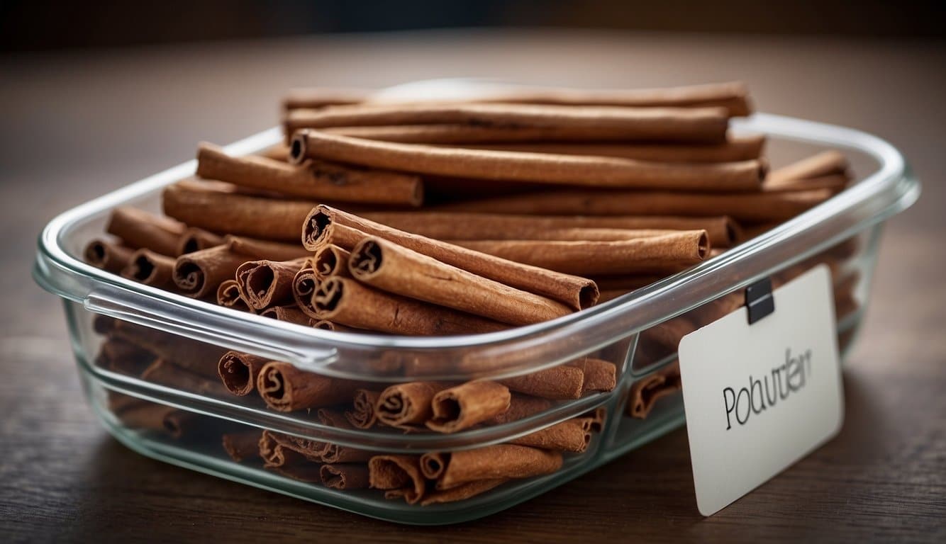 Cinnamon sticks arranged neatly in an airtight container, with a label indicating the date of purchase and a reminder to store in a cool, dry place