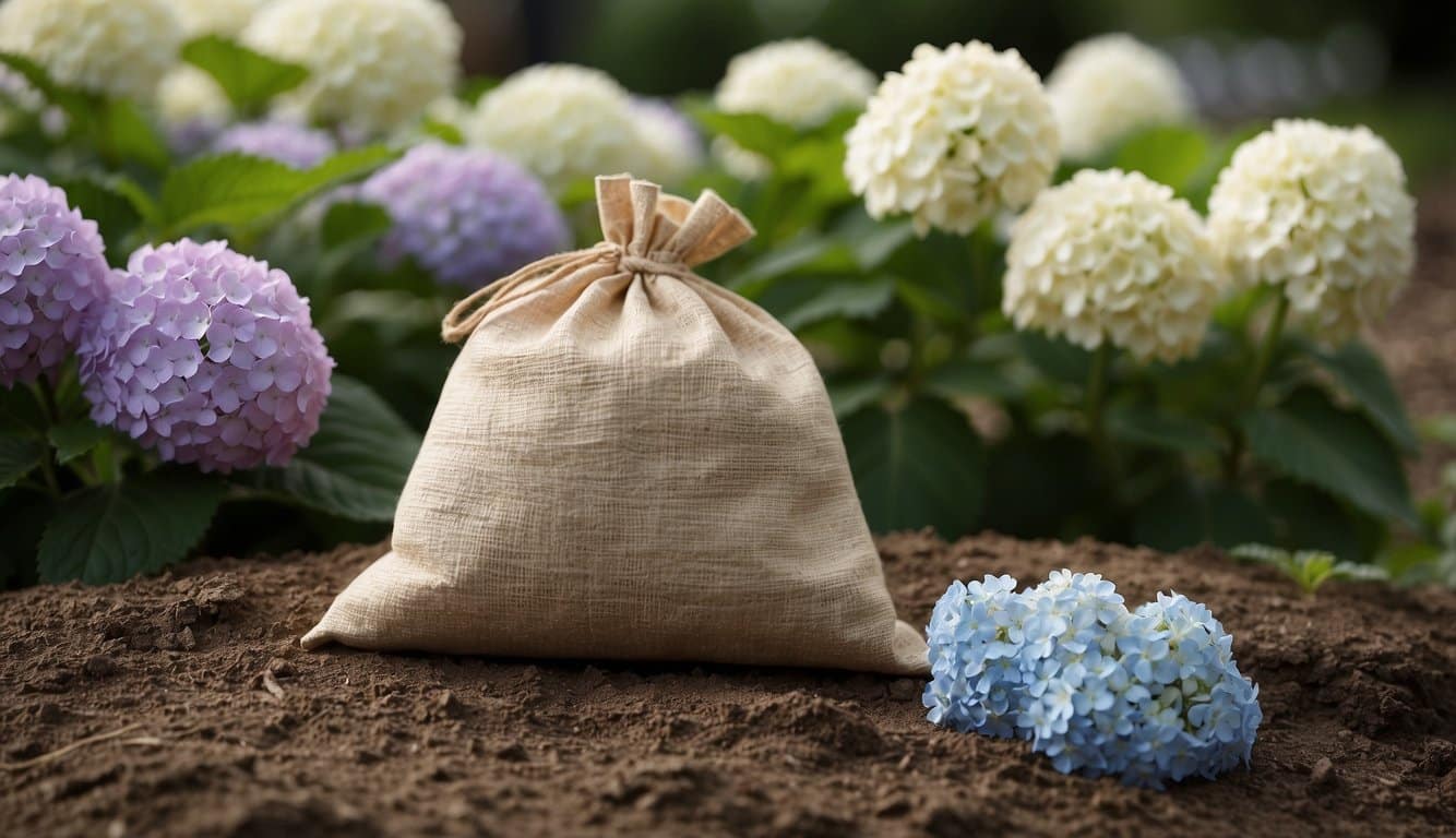 A bag of bone meal sits next to a blooming hydrangea bush, with a small pile of the meal sprinkled around the base of the plant