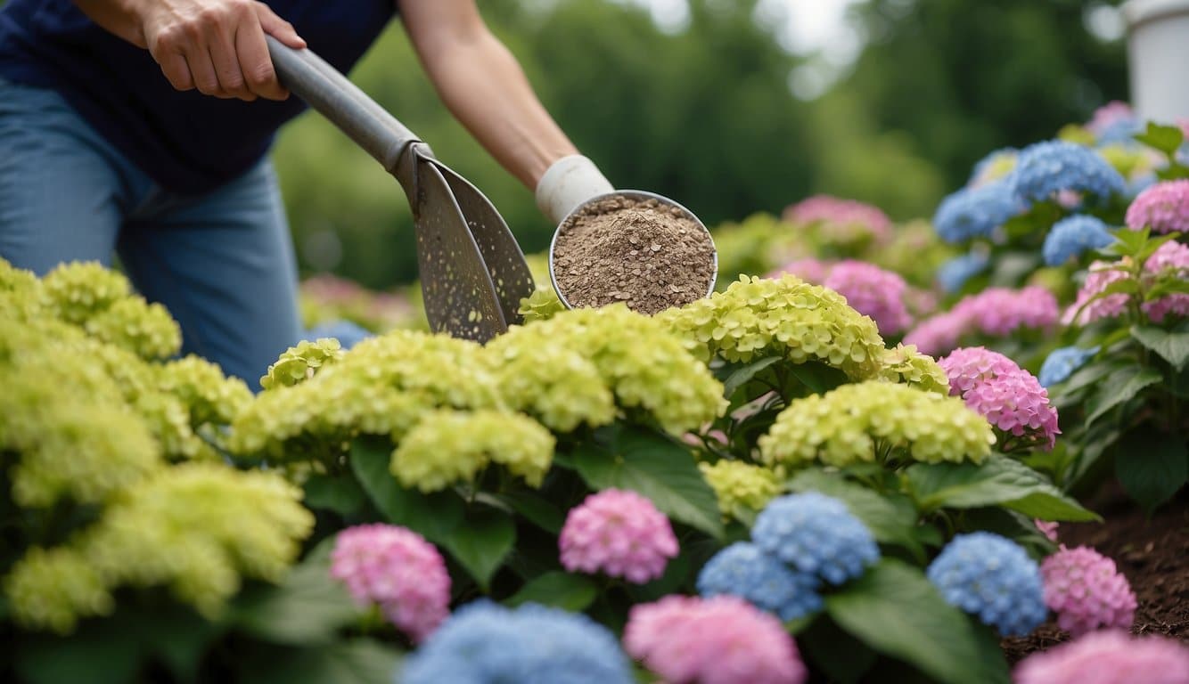 A gardener sprinkles bone meal around vibrant hydrangea bushes