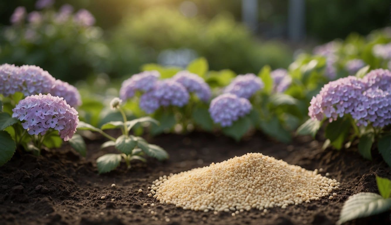 A bag of bone meal sits next to a blooming hydrangea bush in a garden. A gardener sprinkles the bone meal around the base of the plant