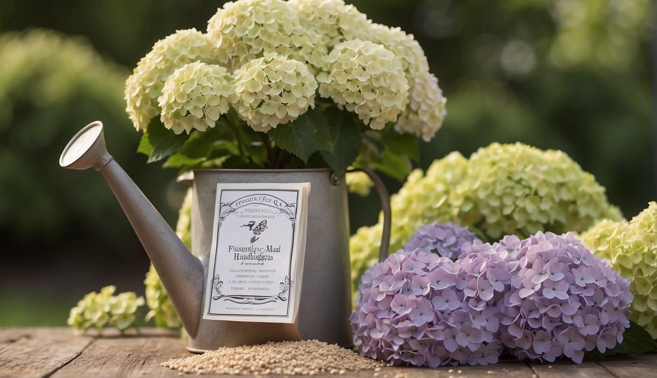 A bag of bone meal sits next to a blooming hydrangea bush, with a watering can nearby. The label reads "Frequently Asked Questions: Bone Meal for Hydrangeas."