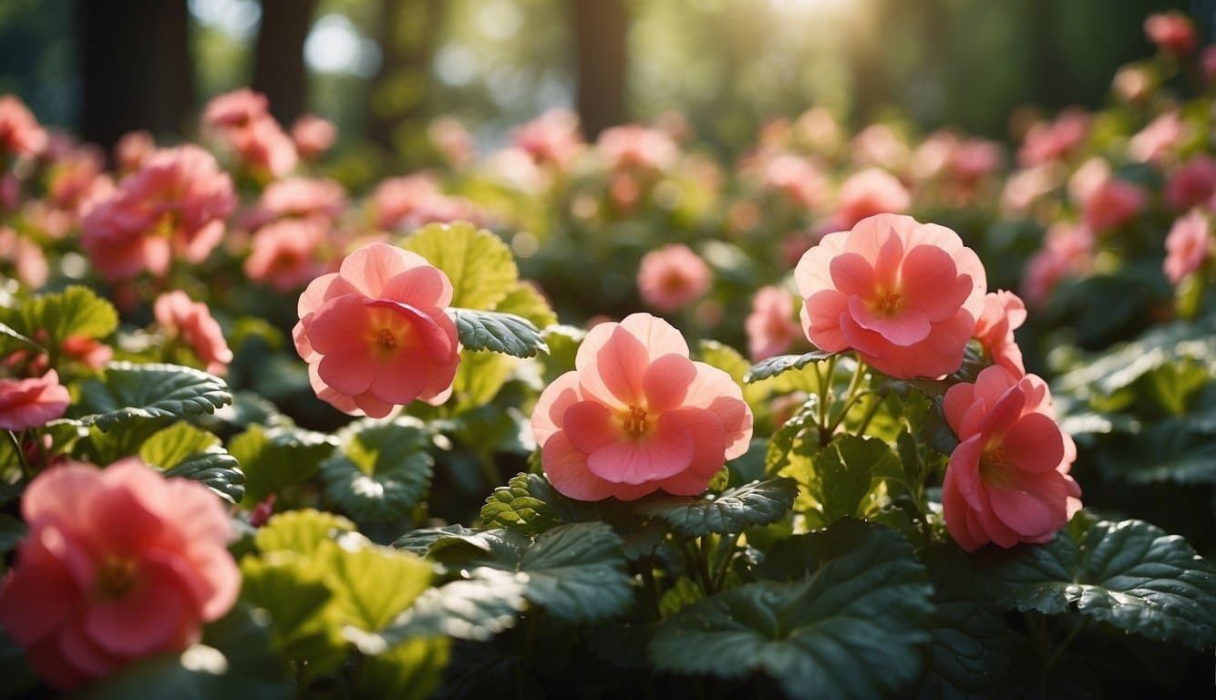A lush garden filled with vibrant Amstel Begonias in full bloom, with a backdrop of green foliage and dappled sunlight filtering through the leaves