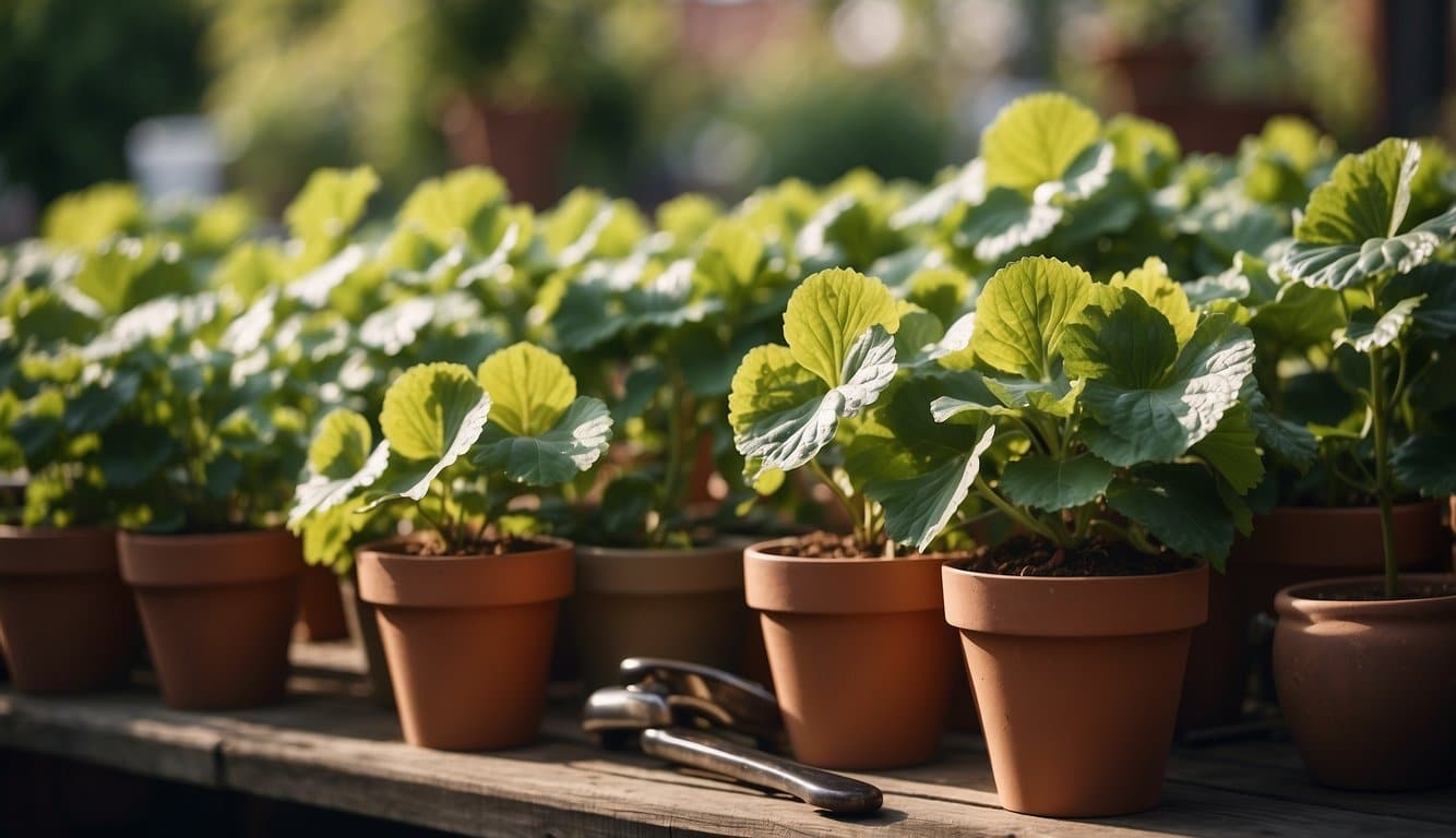 Lush green leaves of Amstel Begonia basking in gentle sunlight, surrounded by carefully placed pots and gardening tools