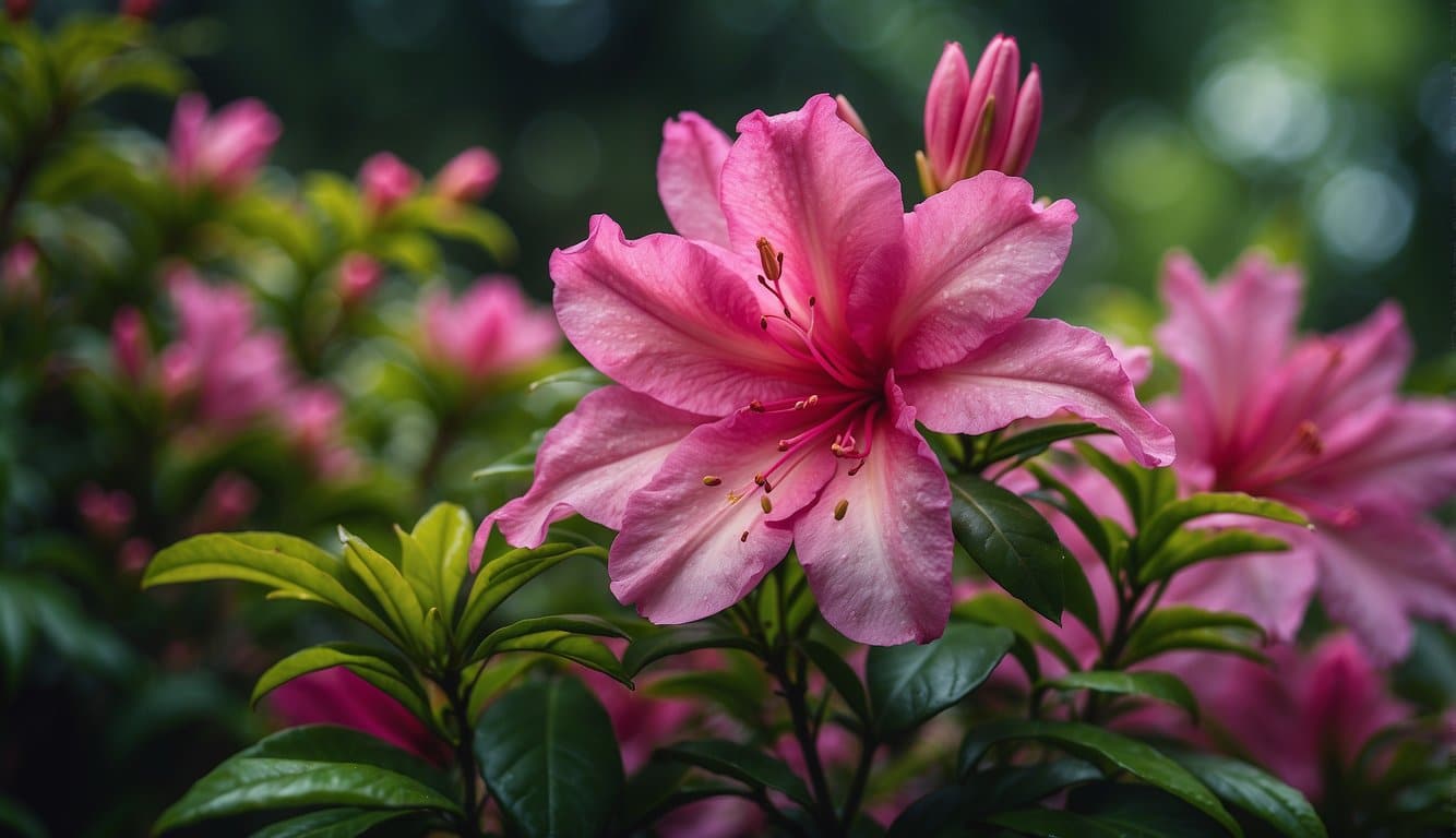 Vibrant azalea duc de rohan blooms against a backdrop of lush green foliage