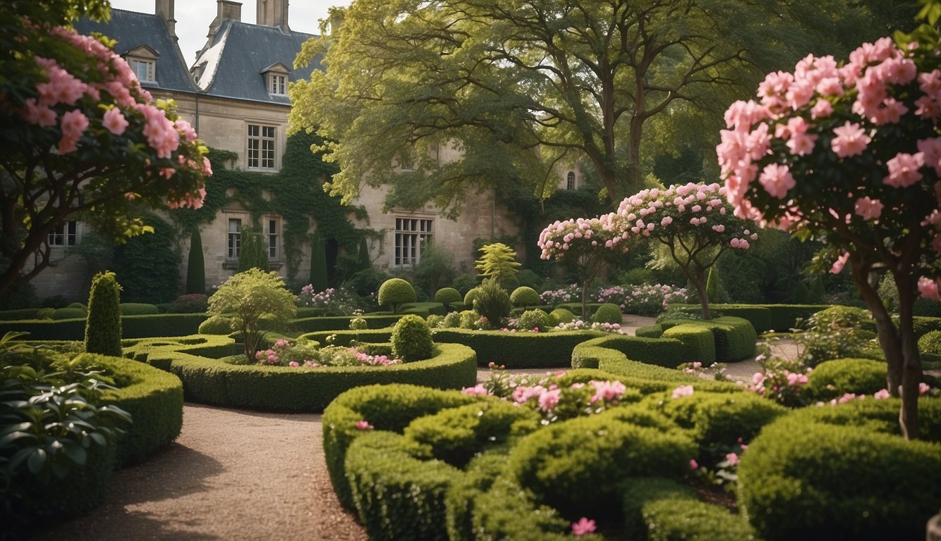 Lush garden with azalea duc de rohan in full bloom, surrounded by historical architecture and a sense of timeless beauty